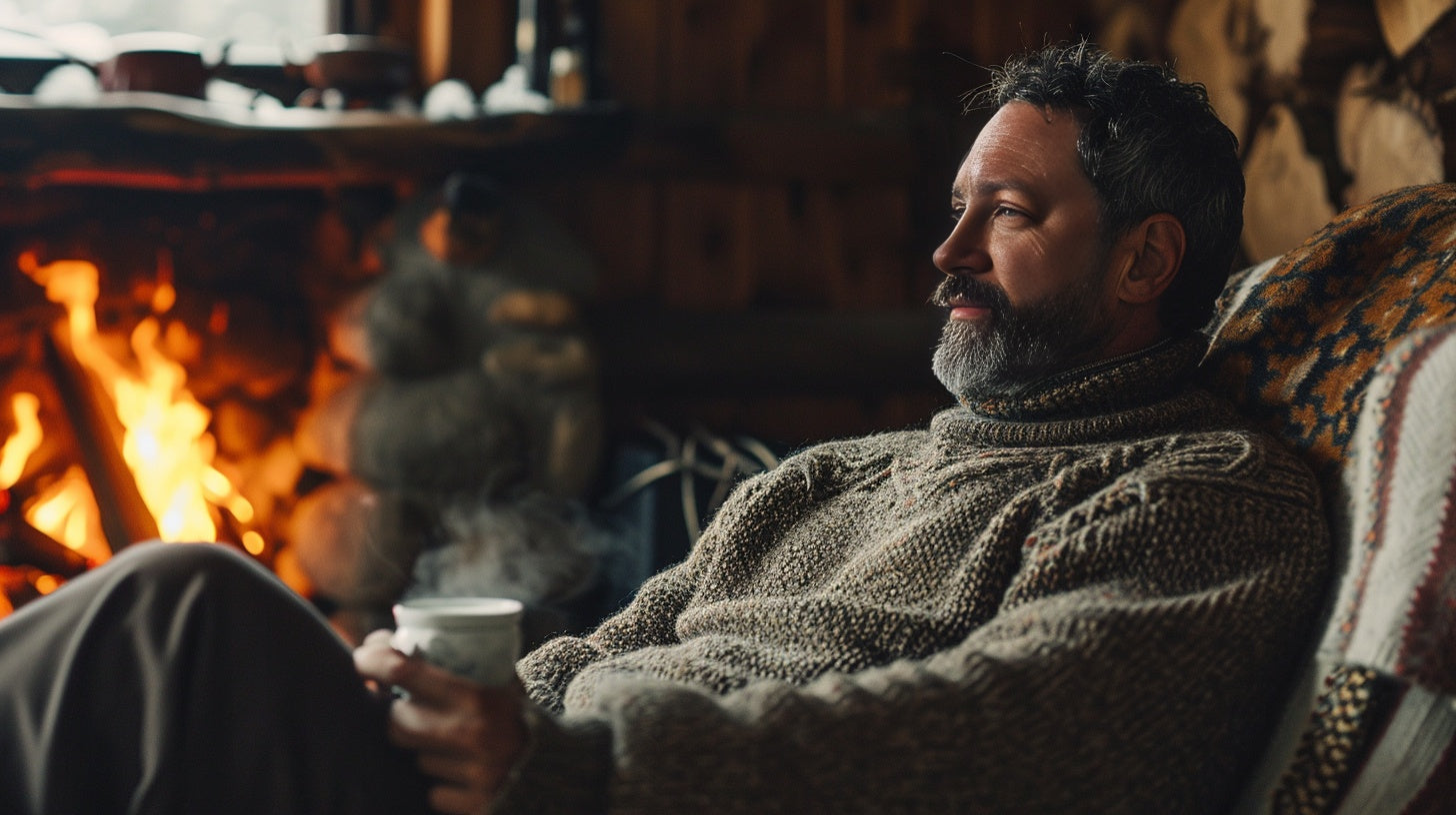 Enjoying a morning cup of coffee in your cabin by the fire